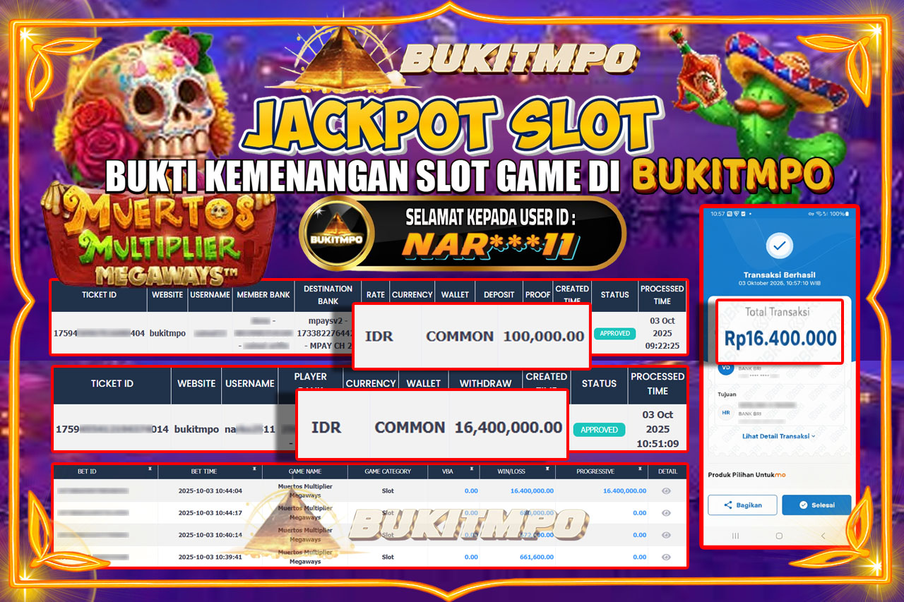 BUKITMPO JACKPOT MUERTOS MULTIPLIER MEGAWAYS - PRAGMATIC PLAY Rp.16.400.000,- LUNAS